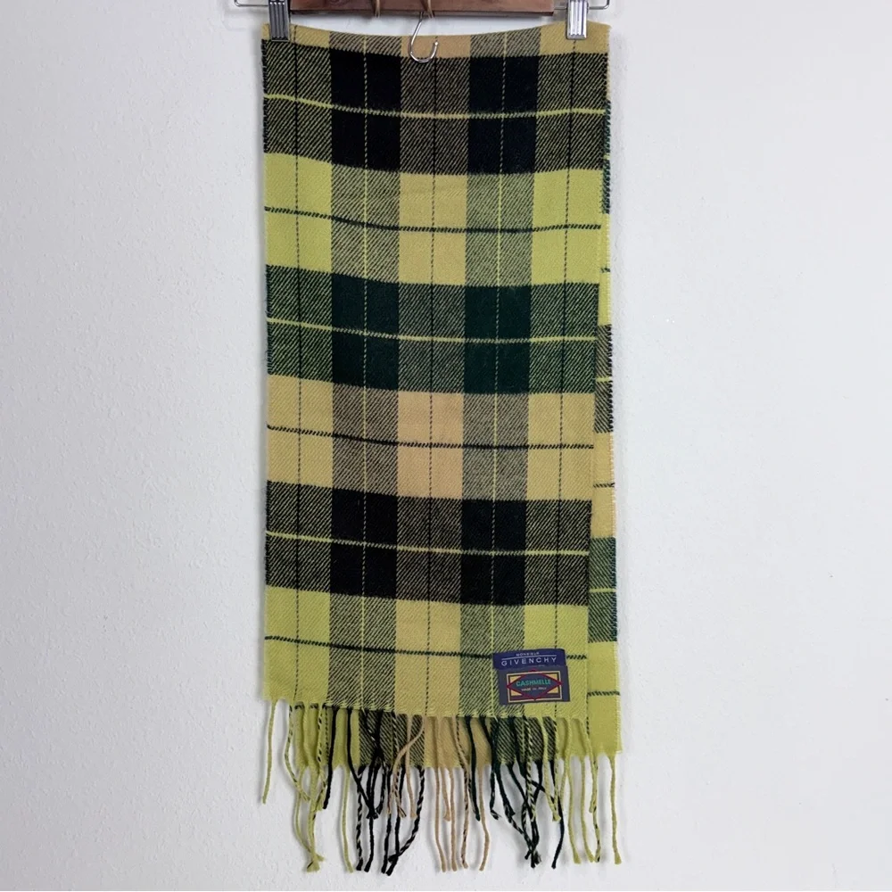 Givenchy Green Black Plaid Cashmere Blend Scarf 50”